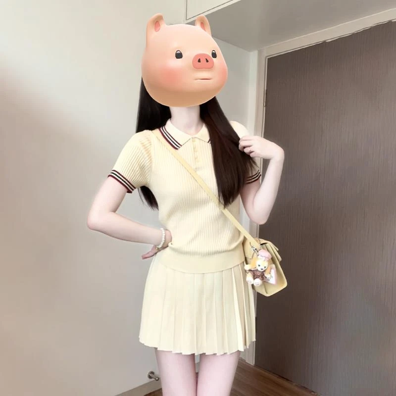 学院风气质黄色半身裙女夏季2025新款小个子高腰百褶短裙两件套装