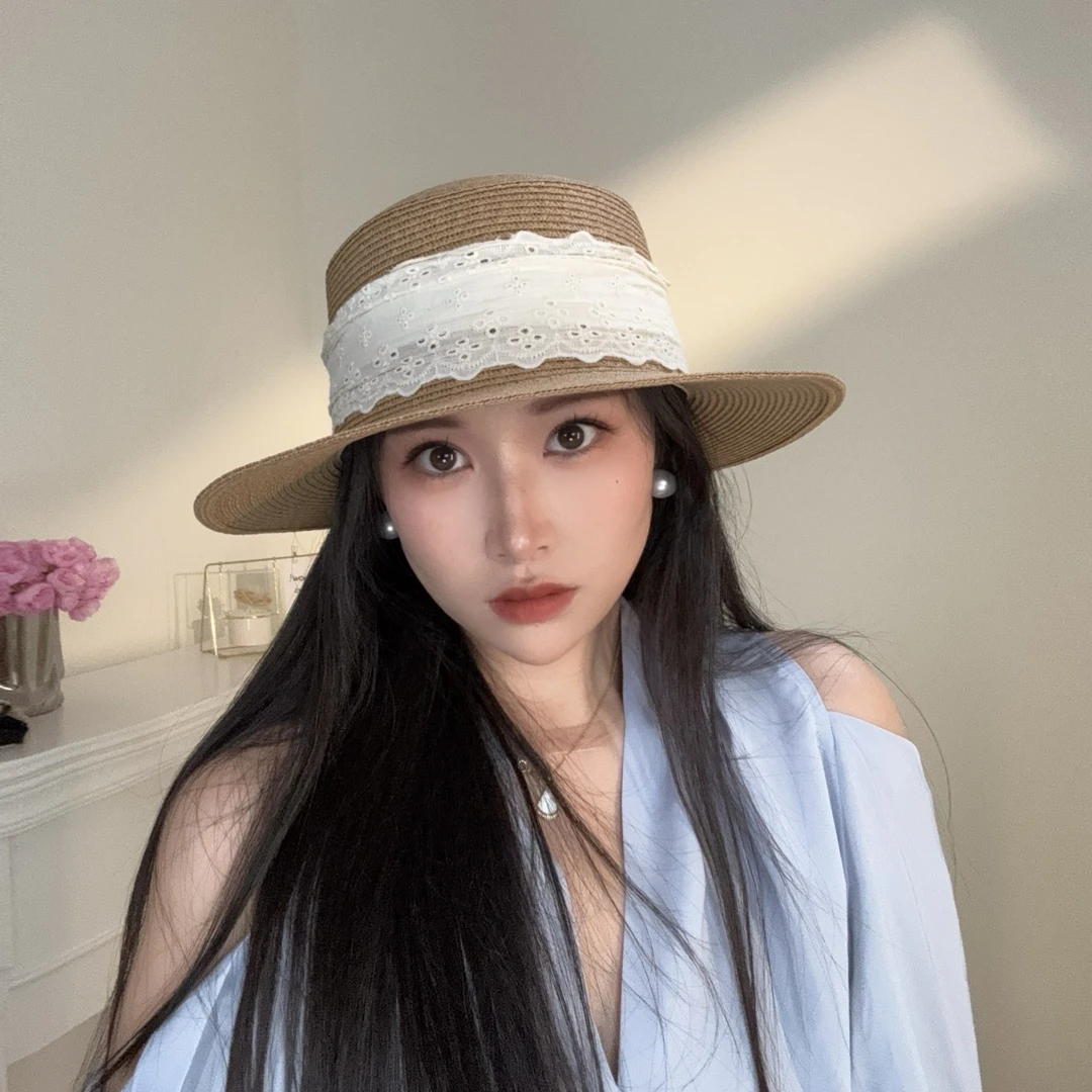 法式平顶草帽女款防晒海边度假沙滩遮阳帽子时尚出游蕾丝太阳帽