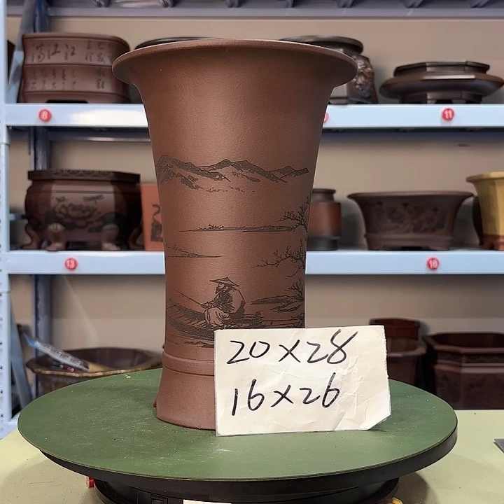 花盆紫砂刻绘寒江雪