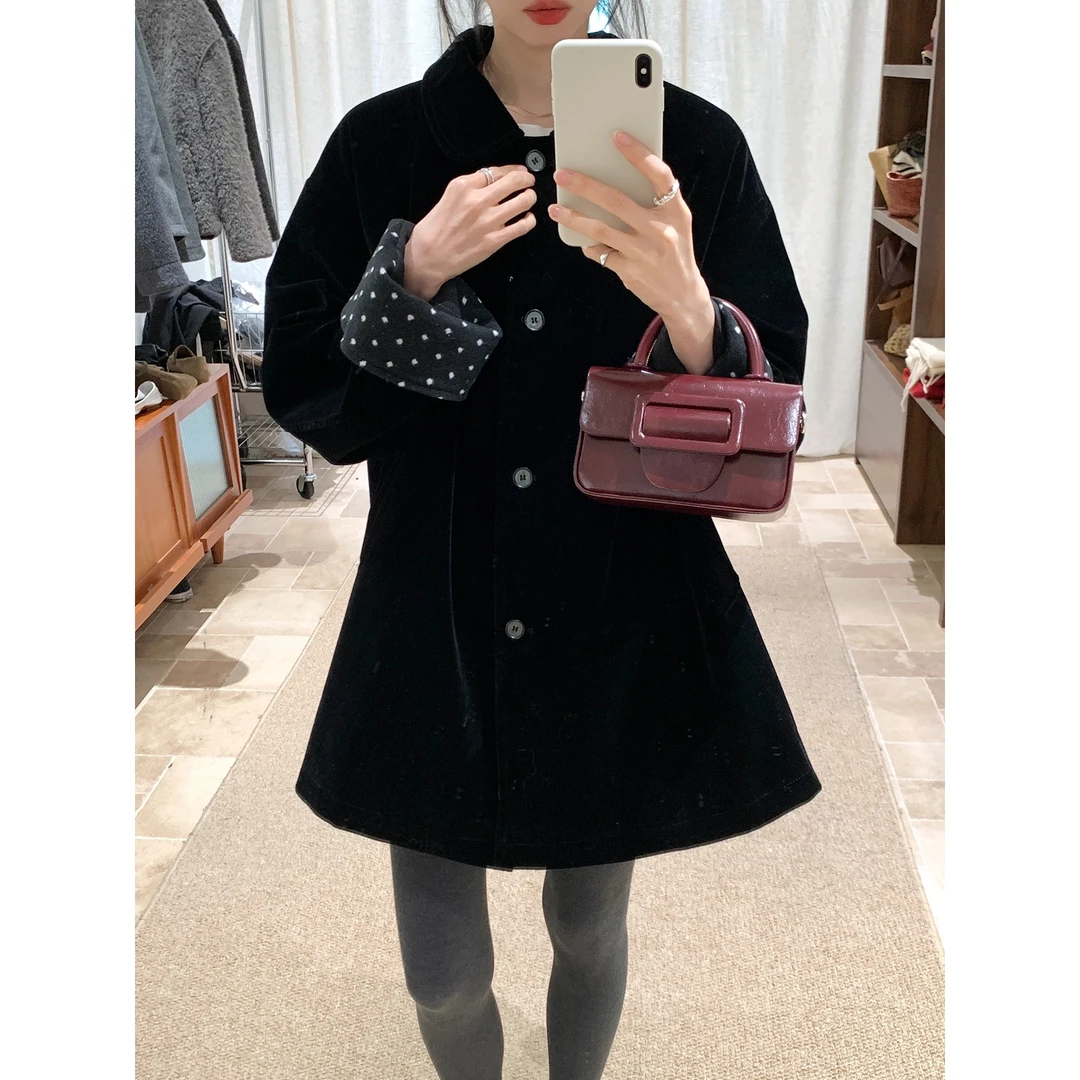 RS.WHMT-韩系复古波点拼接丝绒翻领中长款保暖羽绒服外套Q1969