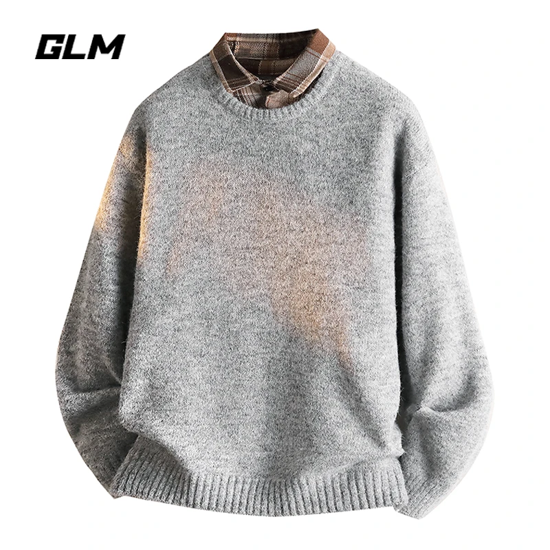 GLM美式复古翻领毛衣男秋冬季长袖毛线衣撞色拼接假两件针织衫