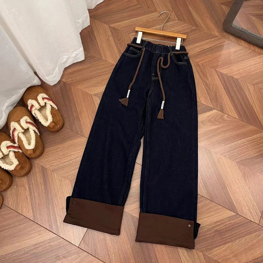 春秋季高品质女大童加绒牛仔直筒裤宽松百搭休闲长裤-YHW010
