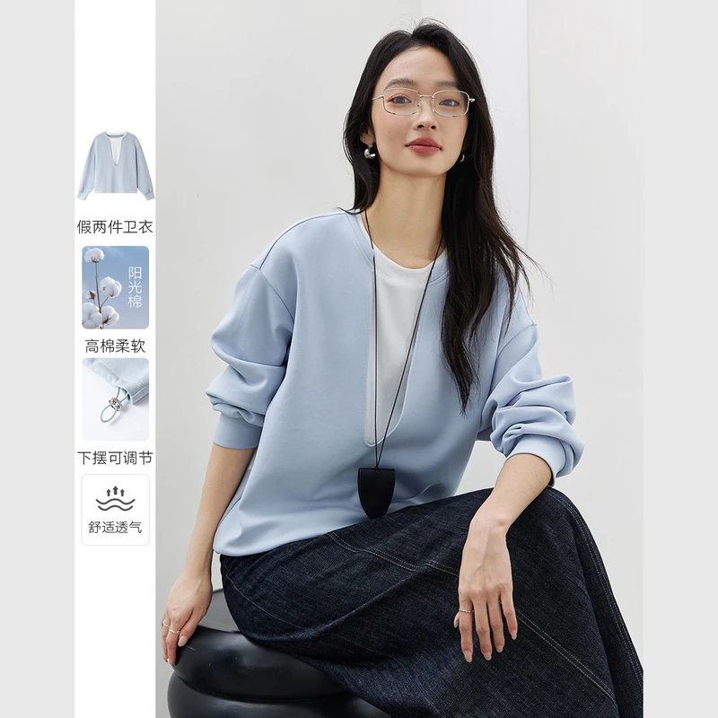 *时尚休闲欧若风假两件卫衣春款下摆抽绳百搭拼接上衣A0296