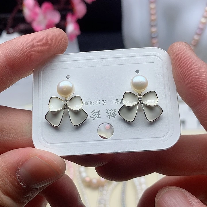 银S925镶嵌耳饰淡水珍珠