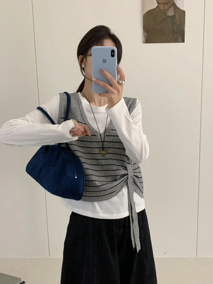 韩版秋冬百搭纯色长袖T恤宽松显瘦外穿坎肩针织无袖马甲两件套装