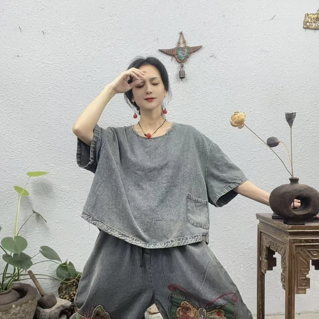 25172前光版右侧拼口袋后重工贴布蝴蝶牛仔上衣（前58后62胸围142