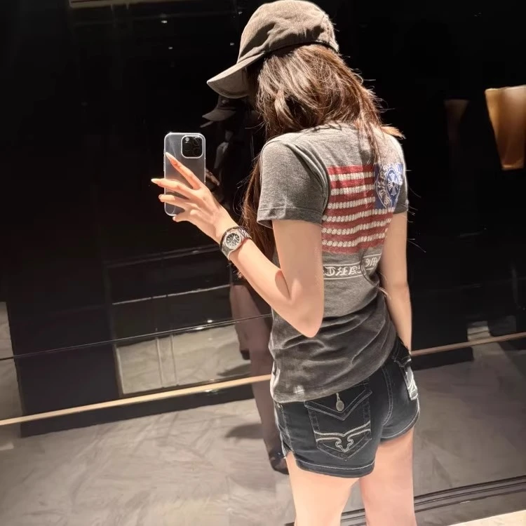 美式复古V领星条旗印花正肩短袖T恤女装2025夏季百搭纯欲风上衣潮