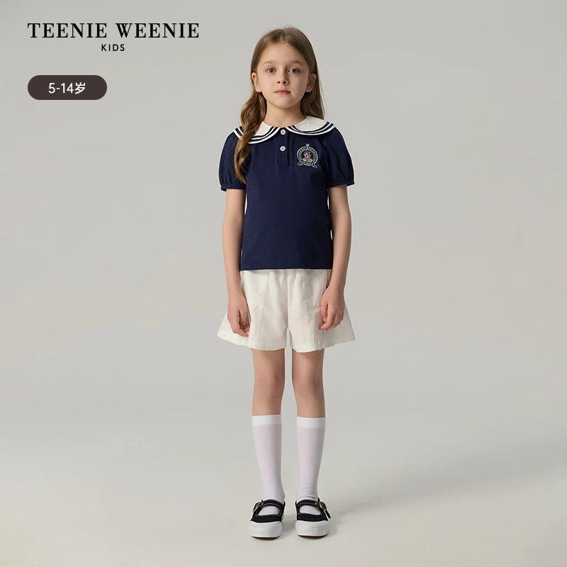TeenieWeenie Kids小熊童装25年夏款女童撞色海军领短袖T恤打底衫