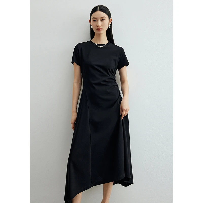 迪赛尼斯夏季通勤气质正肩显瘦收腰长裙圆领短袖连衣裙