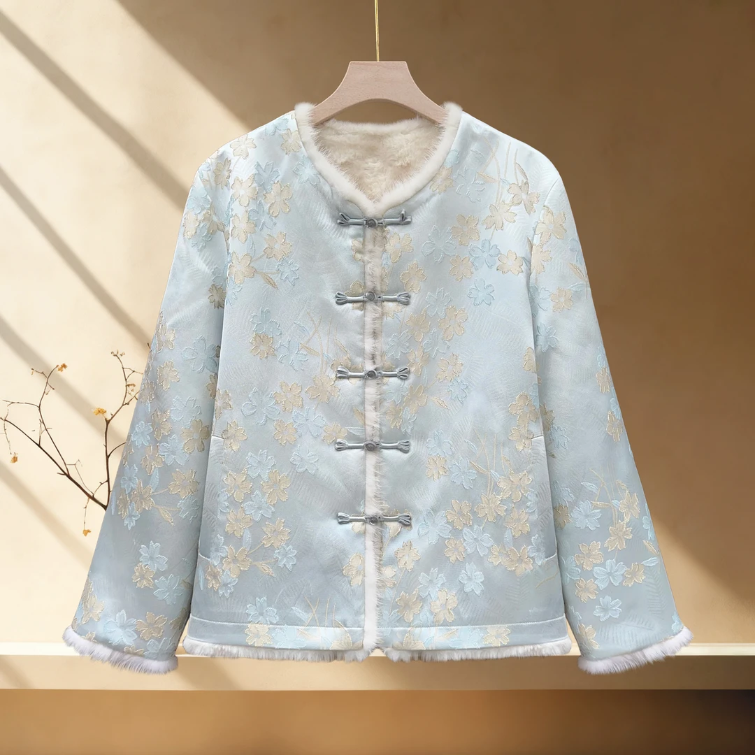 【秋实专属】Y1955新中式蓝星花双面锦缎提花水貂毛毛秋冬款外套女