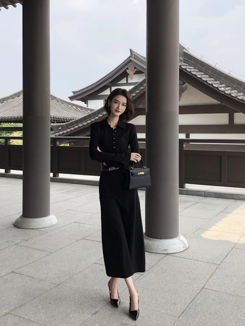 秋季法式A字裙工装风长裙连衣裙针织裙子过膝开叉