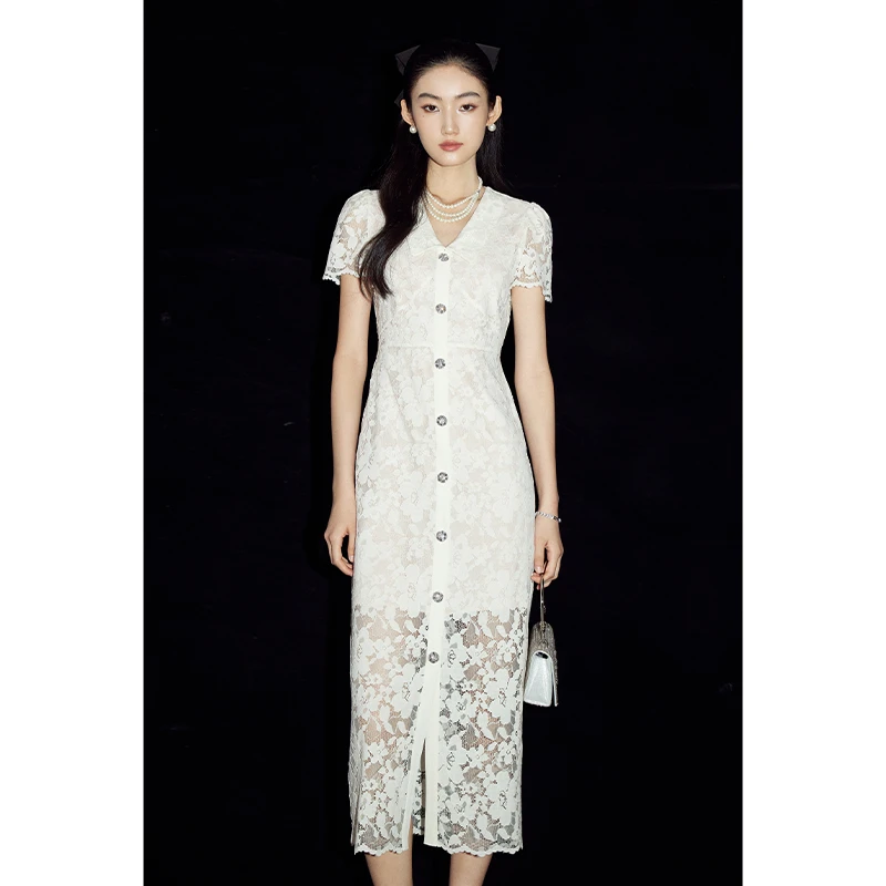 【诗语专属】MandyZhang法式蕾丝连衣裙女夏季翻领订婚裙子