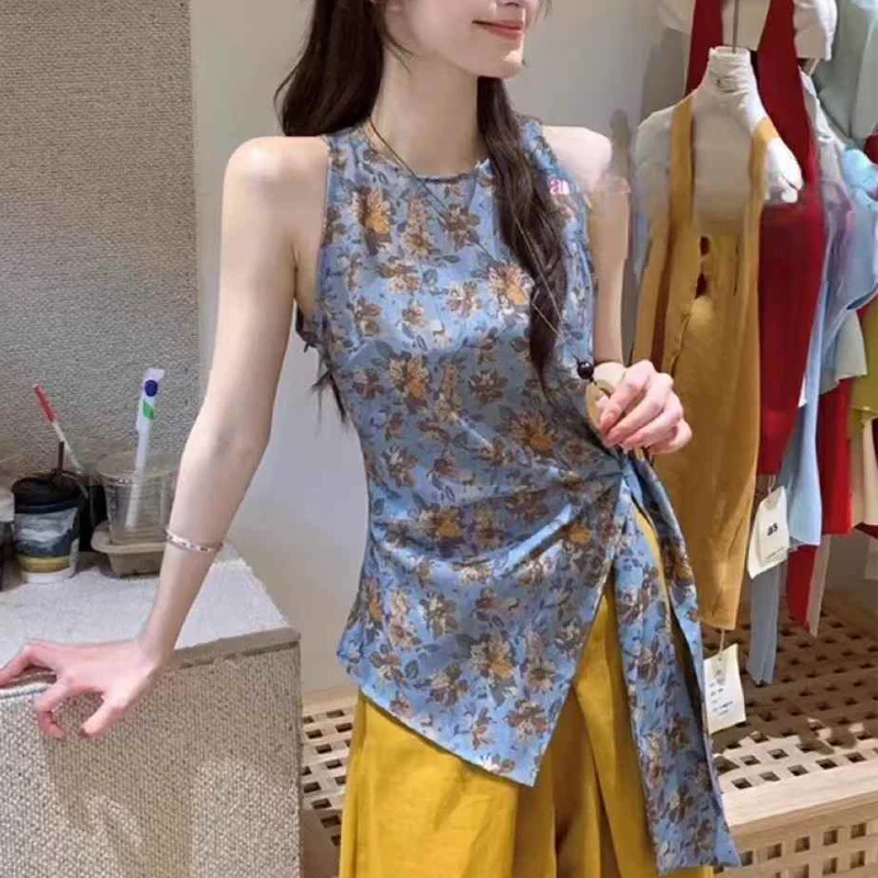 新中式国风不规则下摆系带碎花小衫女设计感小众气质背心外穿上衣