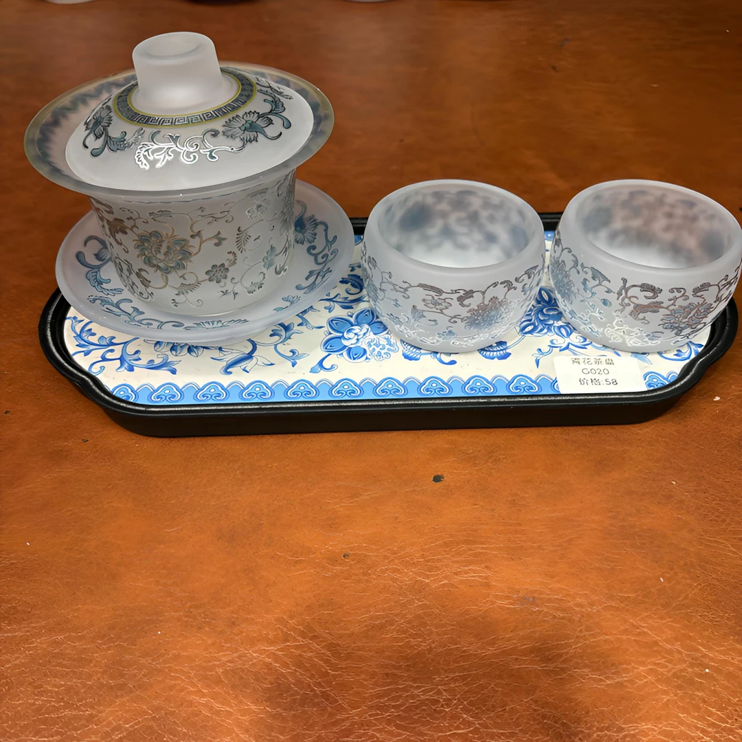 ZH4098掐丝银缠枝莲玻璃盖碗+两杯+茶盘