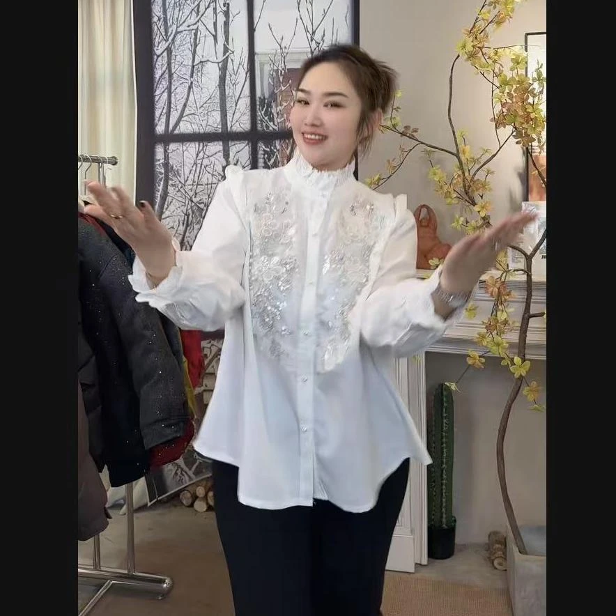 「鎏光闪烁」东东家*大码新款刺绣亮钻宽松显瘦花边时尚衬衫