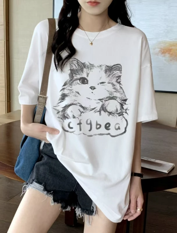 【260克纯棉】夏季新款纯棉短袖T恤猫咪印花图案潮流