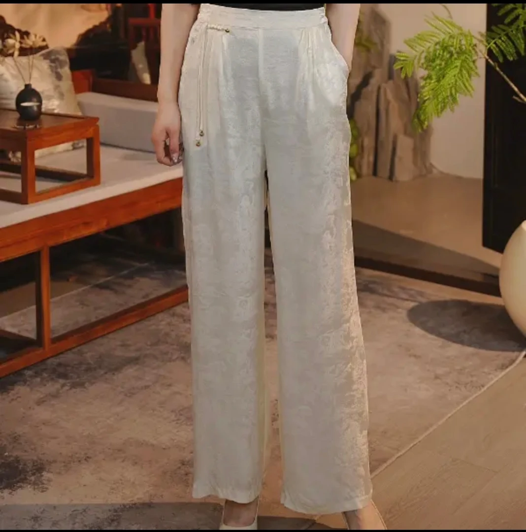 【琼华】新中式缎面提花阔腿裤高腰直筒休闲裤女夏季（直播专属）