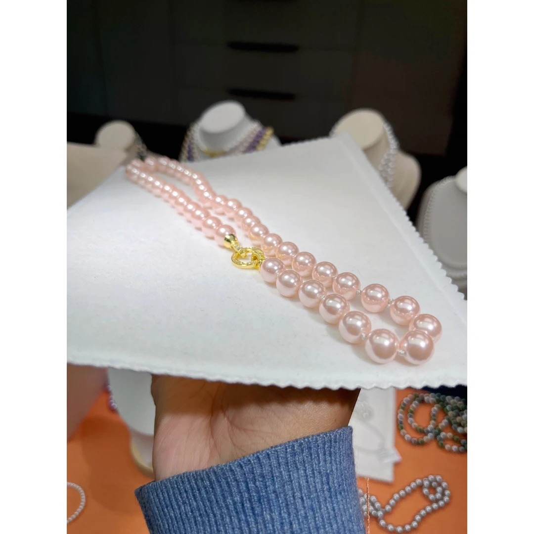 【爆款】正圆强光樱花粉转盘扣10mm妈妈链项链