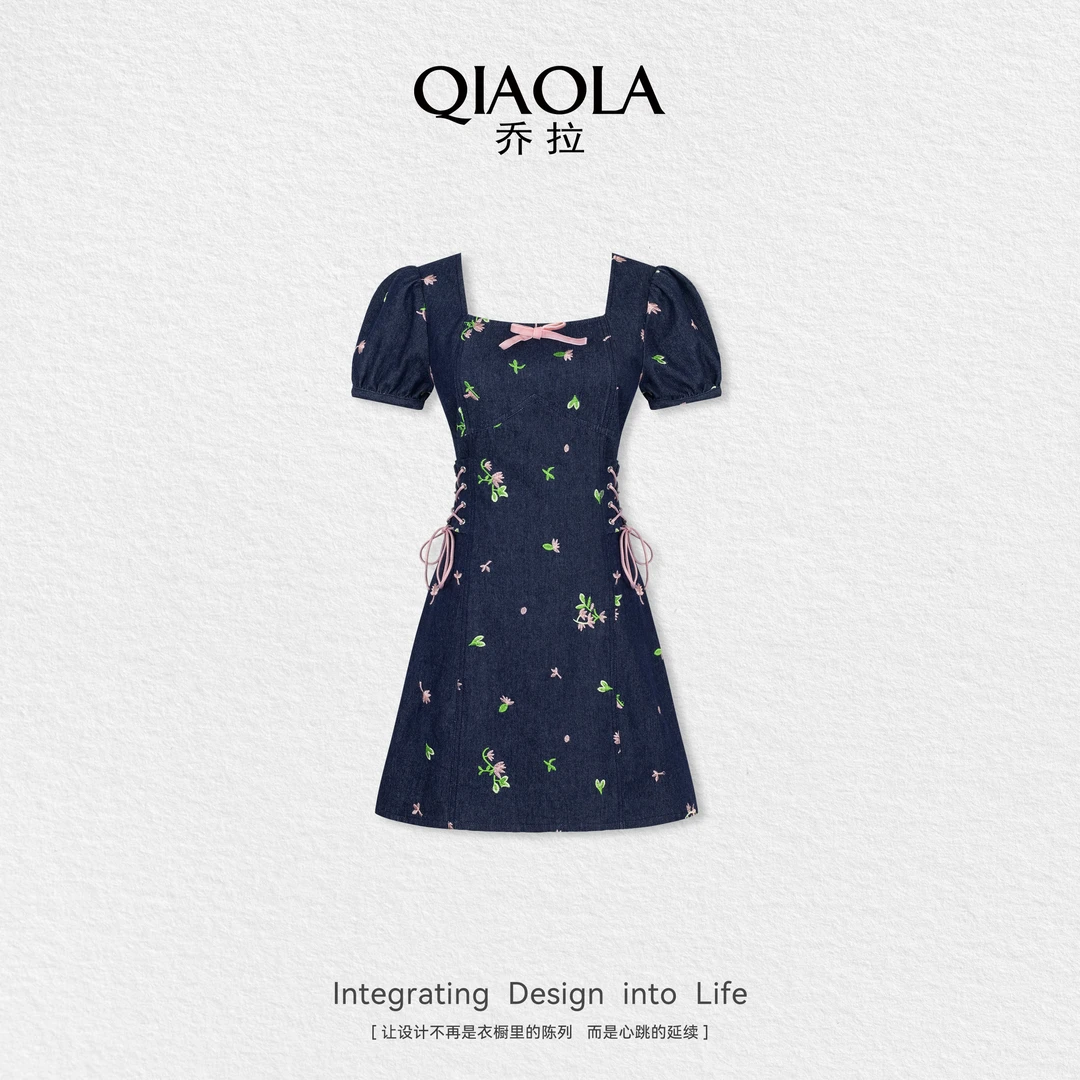 QIAOLA/乔拉【森林旋律】夏季牛仔刺绣透气遮肉显瘦气质连衣裙预售