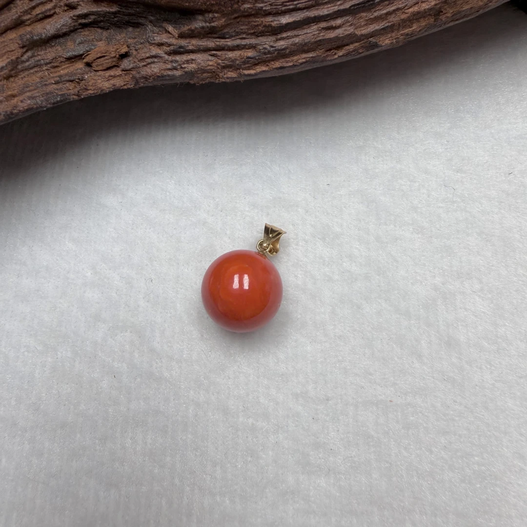 沙丁珊瑚12mm+圆珠吊坠 18k金扣头-22032