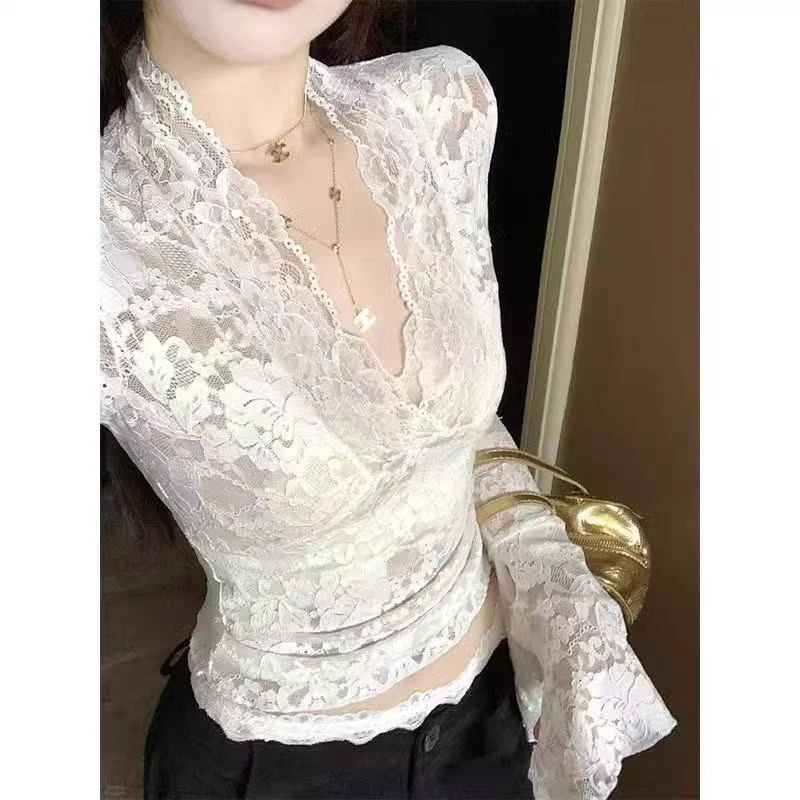 （三火家）纯欲V领设计感性感收腰显瘦蕾丝衫87168