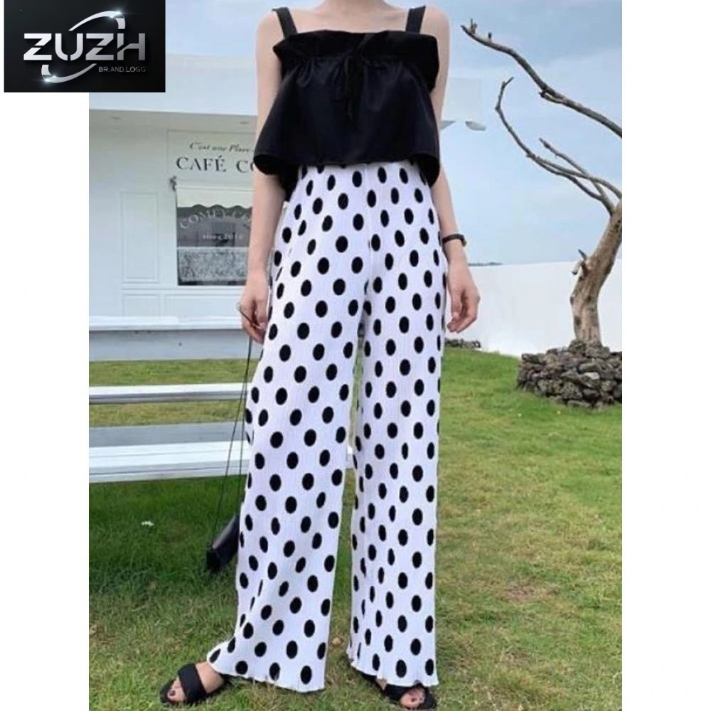 冰丝波点褶皱休闲阔腿裤女2025春夏新款高腰显瘦薄款垂感凉凉长裤