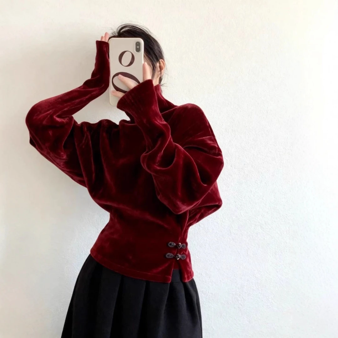 新中式国风圣诞新年酒红色盘扣开衩高领丝绒上衣女25冬季打底小衫
