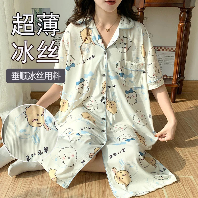 大码胖MM300斤可穿家居服翻领中长款冰丝薄款宽松短袖翻领睡裙女