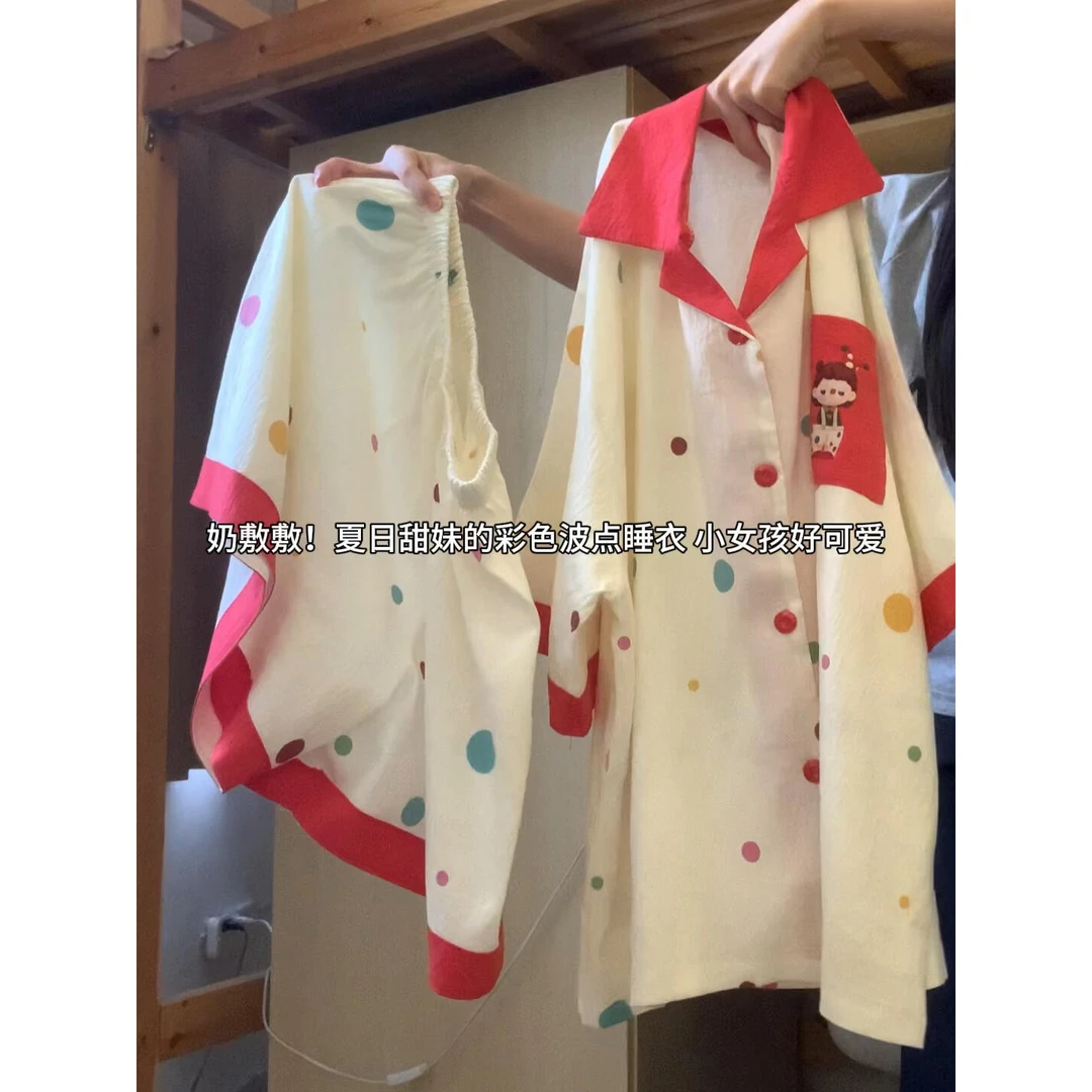 韩版可爱少女卡通印花短袖睡衣女春夏款慵懒风大码家居服套装外穿
