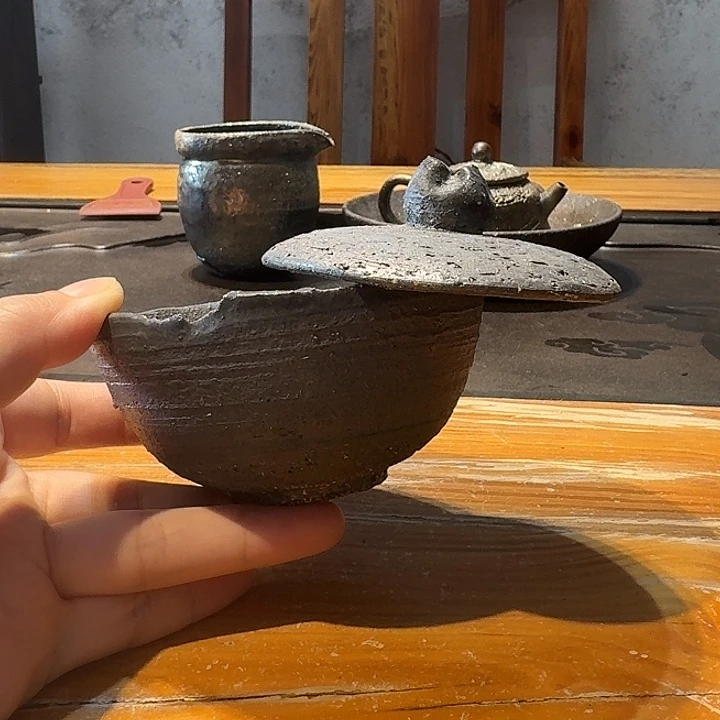 柴烧黑陶手工盖碗