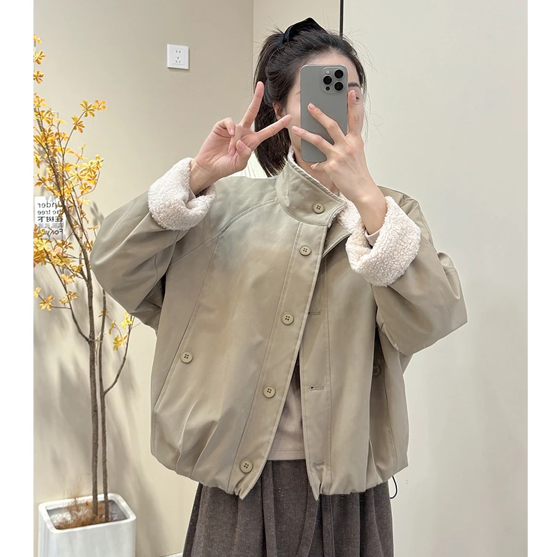 羊羔毛内里加绒加厚休闲短外套女2025年秋冬新款小个子宽松大码
