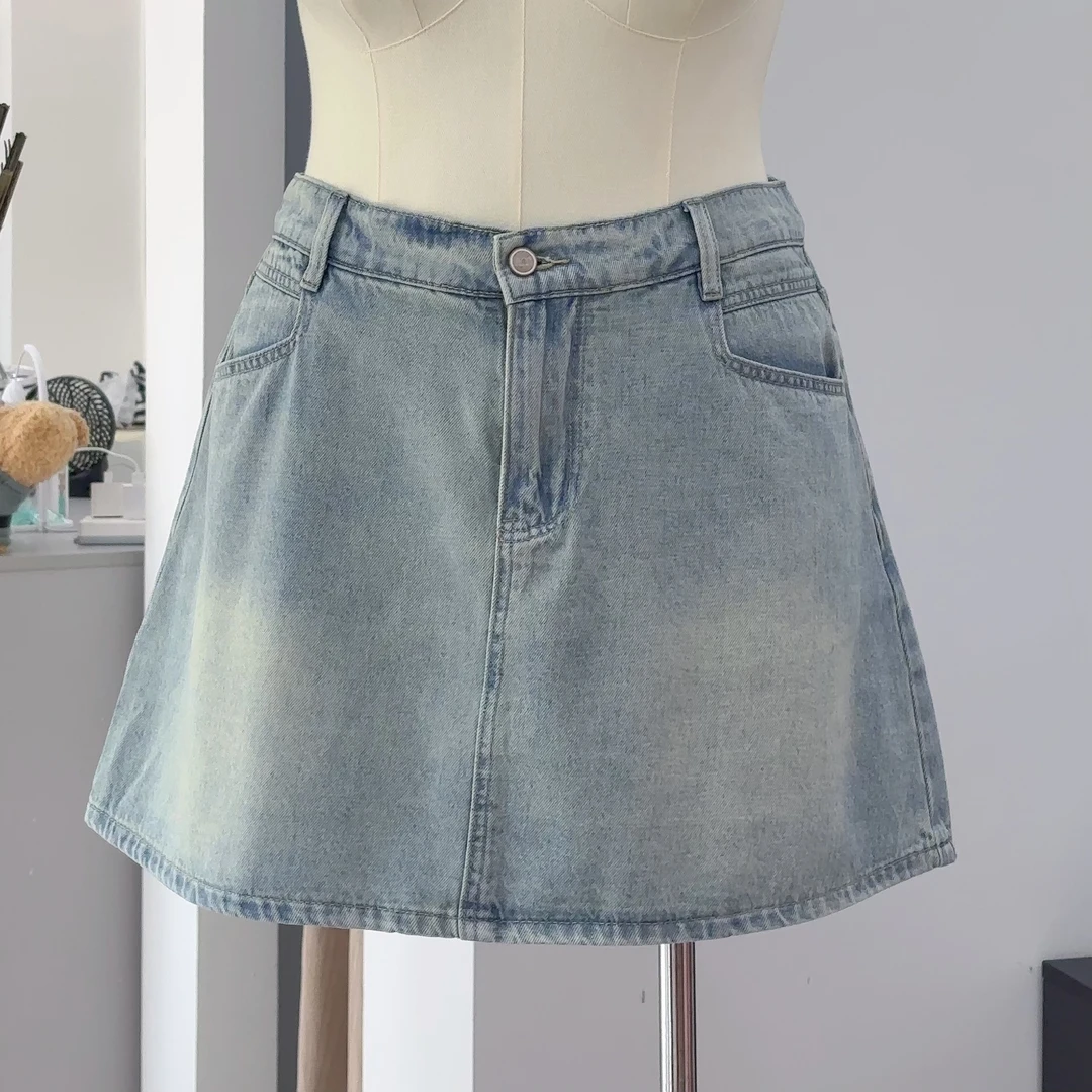 浅蓝牛仔｜大码清新高腰半裙浅色牛仔大码胖mm遮肚子显瘦a字短裙子