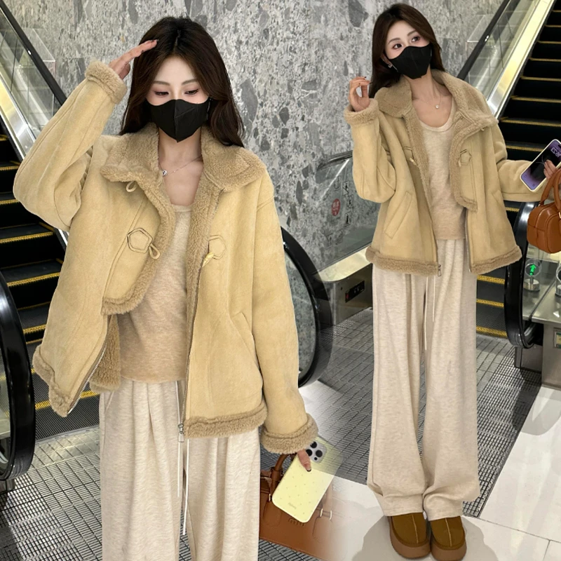 加绒加厚皮毛一体外套女2024冬季新款当季流行保暖短款机车小外套