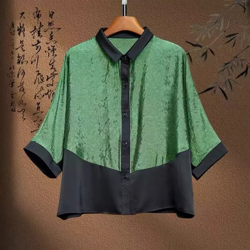 夏季新款新中式国风遮肉显瘦百搭提花撞色时尚衬衫上衣
