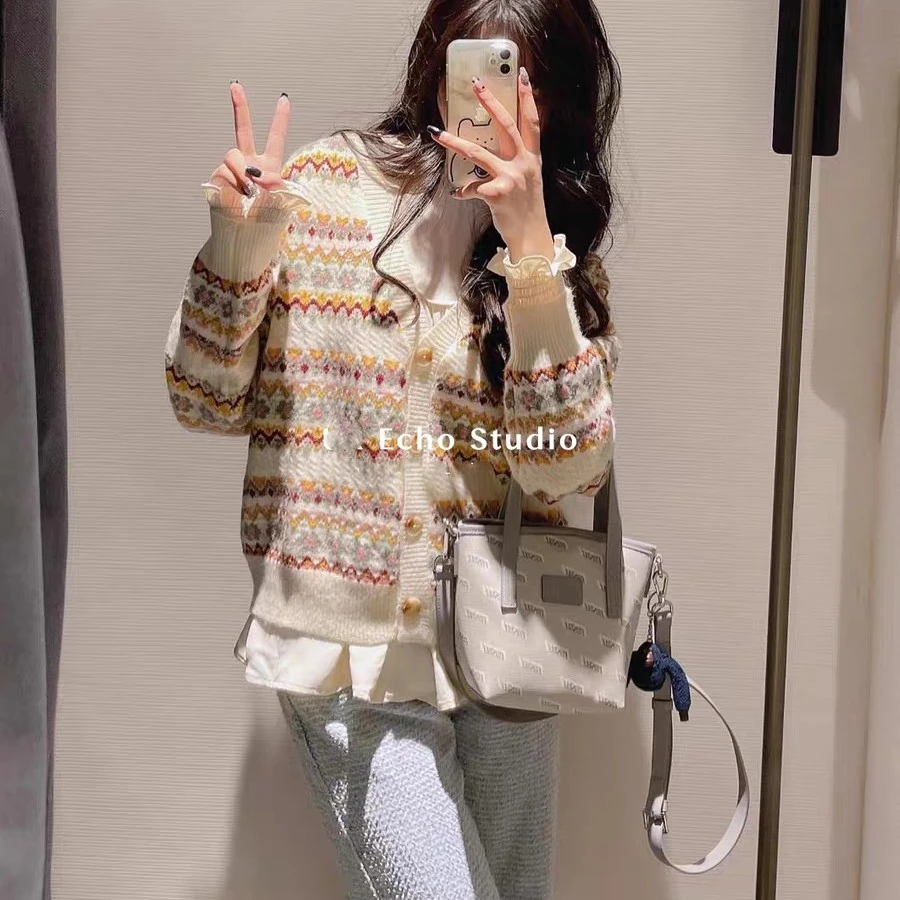 毛衣女秋2024新款复古森系提花条纹厚针织外套