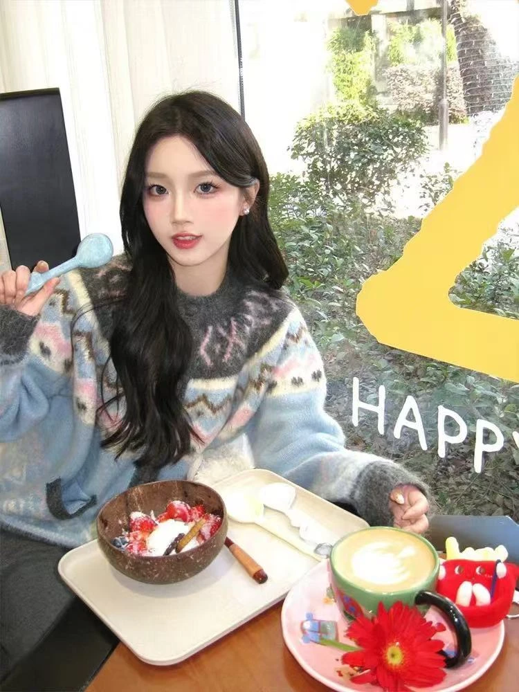 费尔岛拼色针织软糯毛衣秋冬开衫女2024冬季新款设计感毛衣MZ021