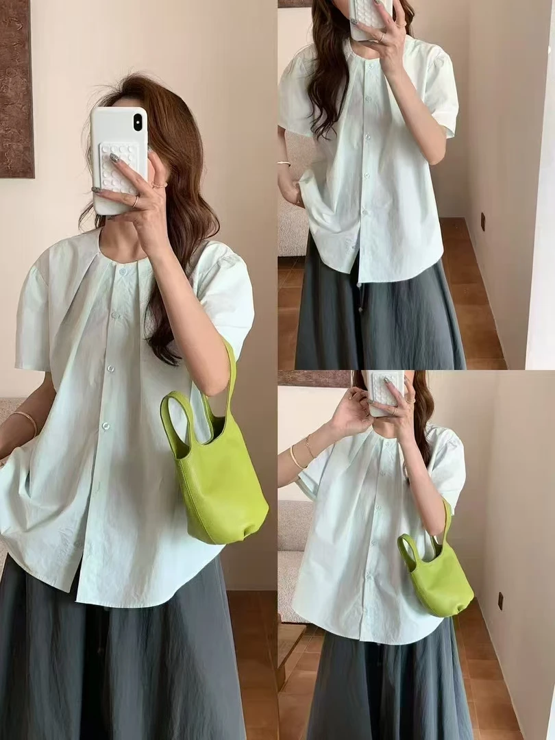 韩版时尚百搭棉泡泡袖衬衫女短袖小众设计感宽松慵懒风上衣夏季