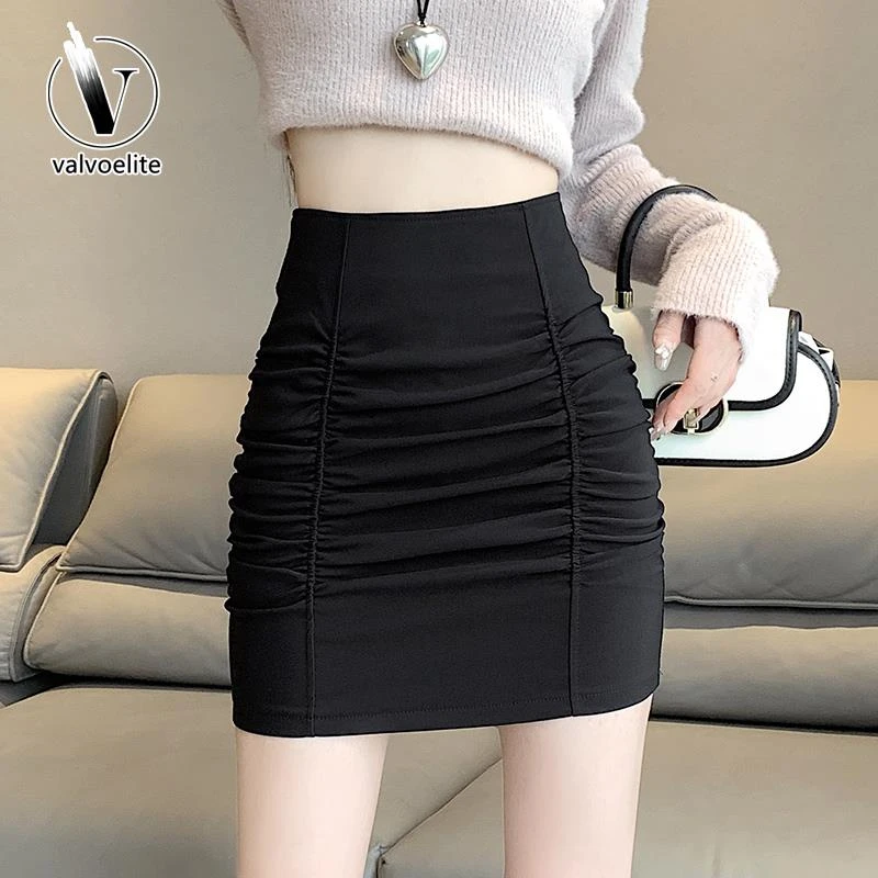 VALVOELITE西装短裙女夏季新款褶皱包臀裙高腰显瘦性感字半身裙子
