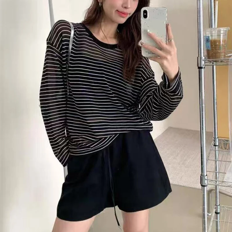 时尚显瘦薄款条纹长袖常规上衣百搭套头圆领毛针织衫休闲不起球