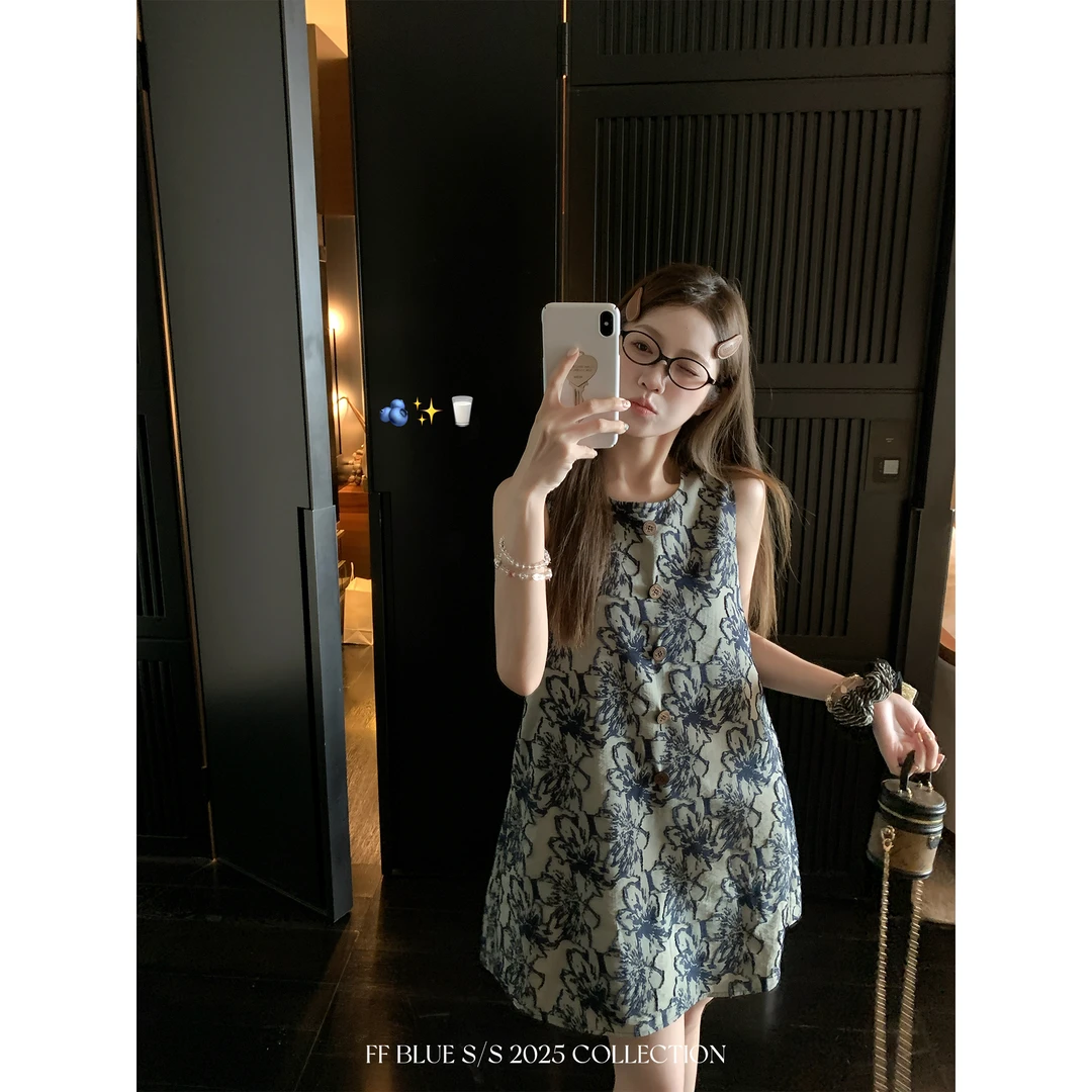FF BLUE 江南绿松 自带清冷感新中式水墨连衣裙复古高级A字背心裙