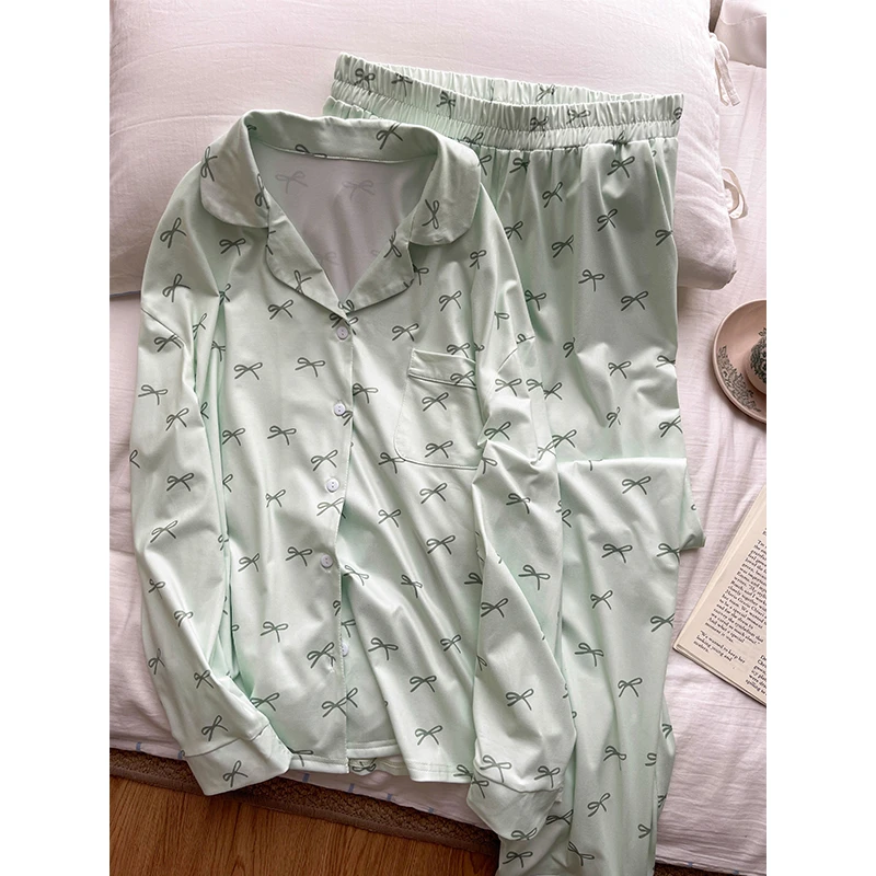 【薄荷绿蝴蝶结】韩系甜美长袖睡衣女春夏季新款休闲长裤家居服套装