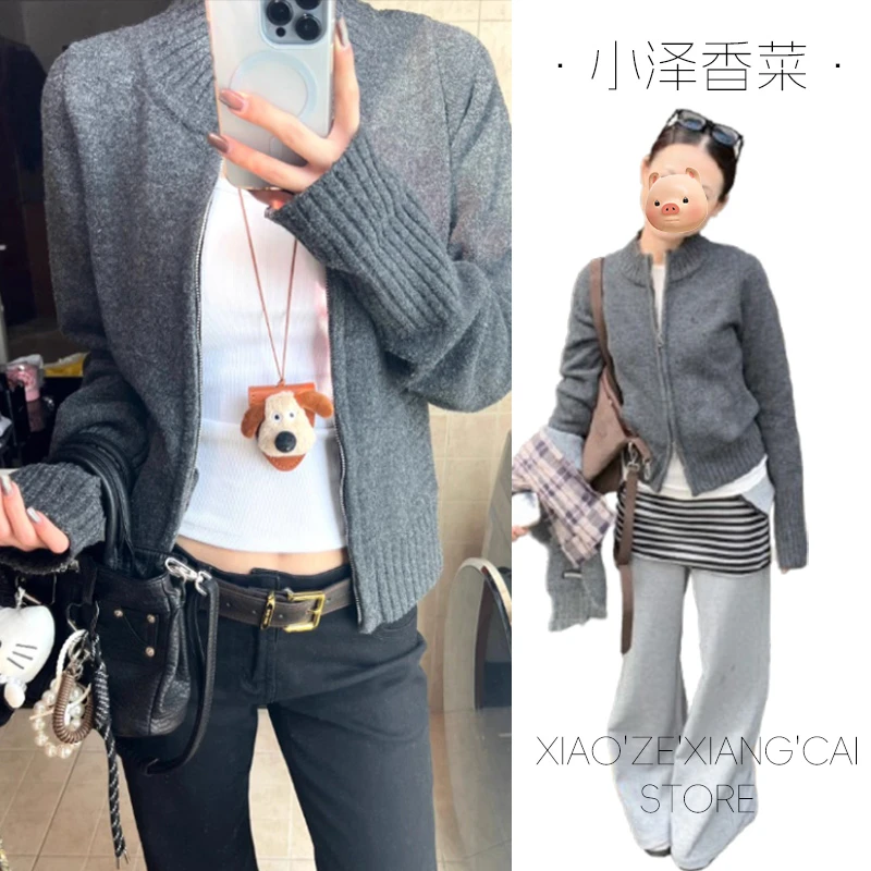 灰色拉链毛衣开衫女2025初早秋季新款宽松慵懒风短款针织外套上衣
