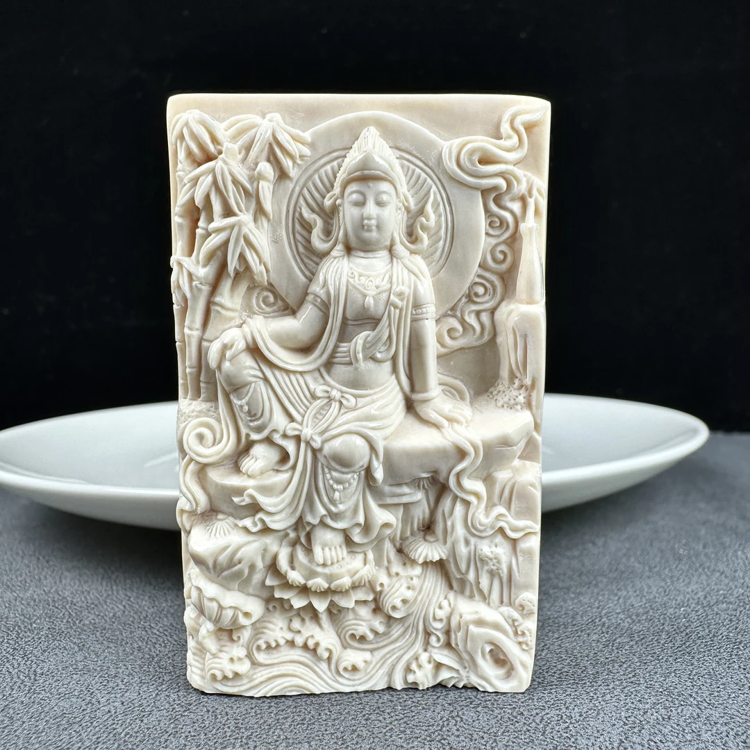 H2238天然猛犸牙 雕刻自在观音牌39*61*21mm 支持鉴定 假一罚四