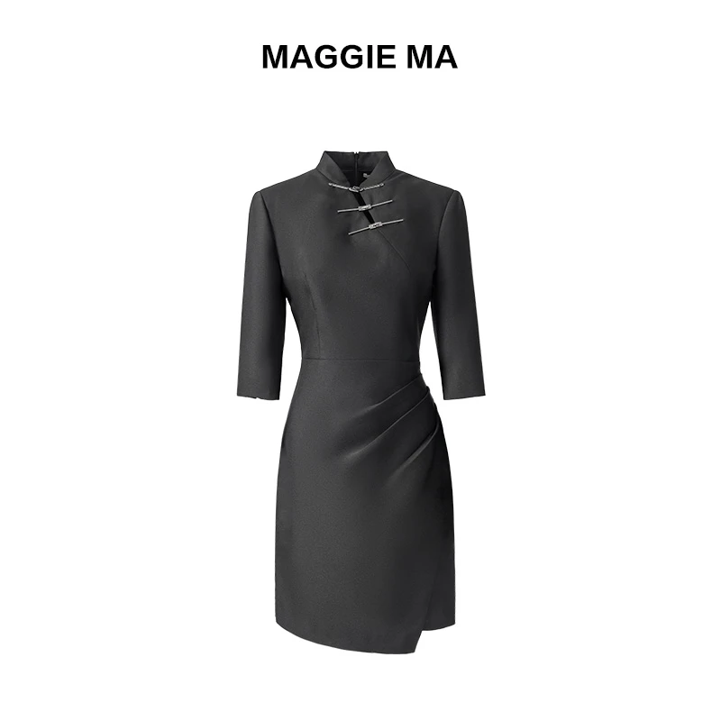 MAGGIE MA马婧设计师款典雅黑小立领国风中式修身立裁连衣裙212D