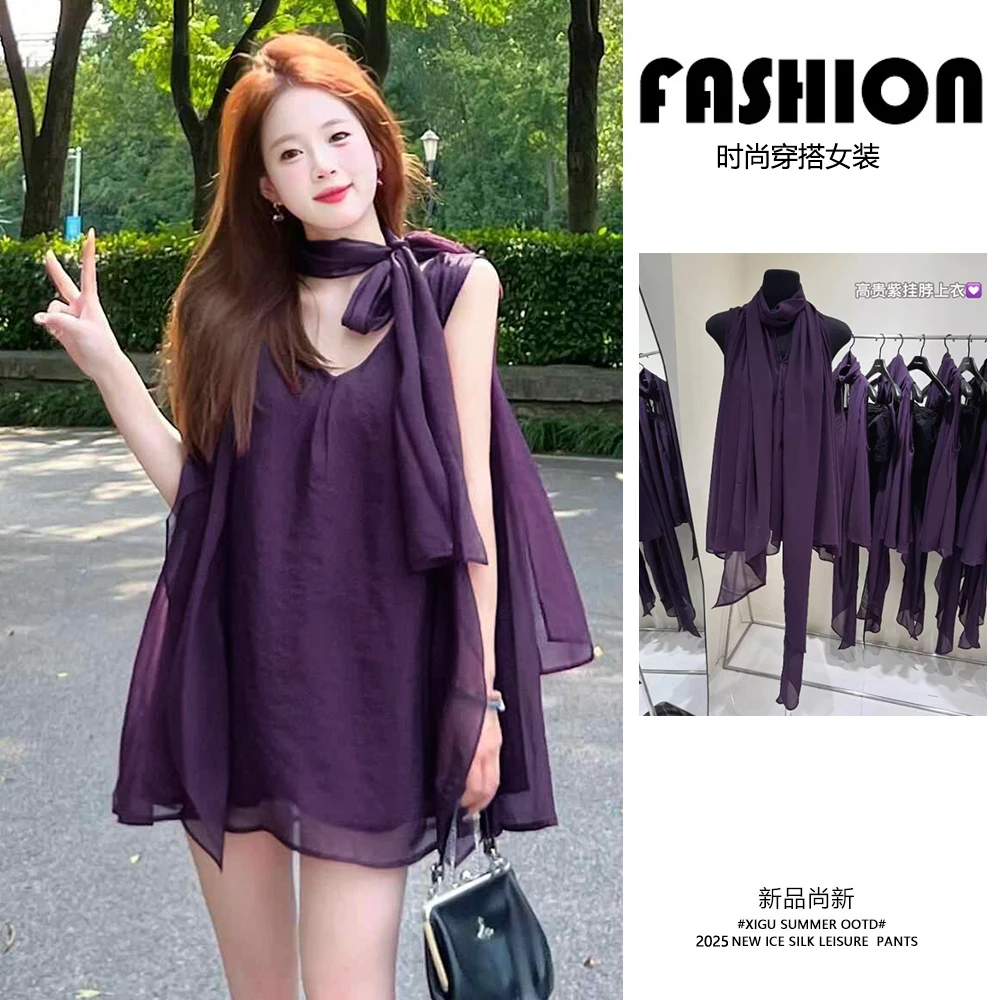 设计感紫色飘带v领挂脖雪纺罩衫女夏季宽松网纱气质微透无袖上衣
