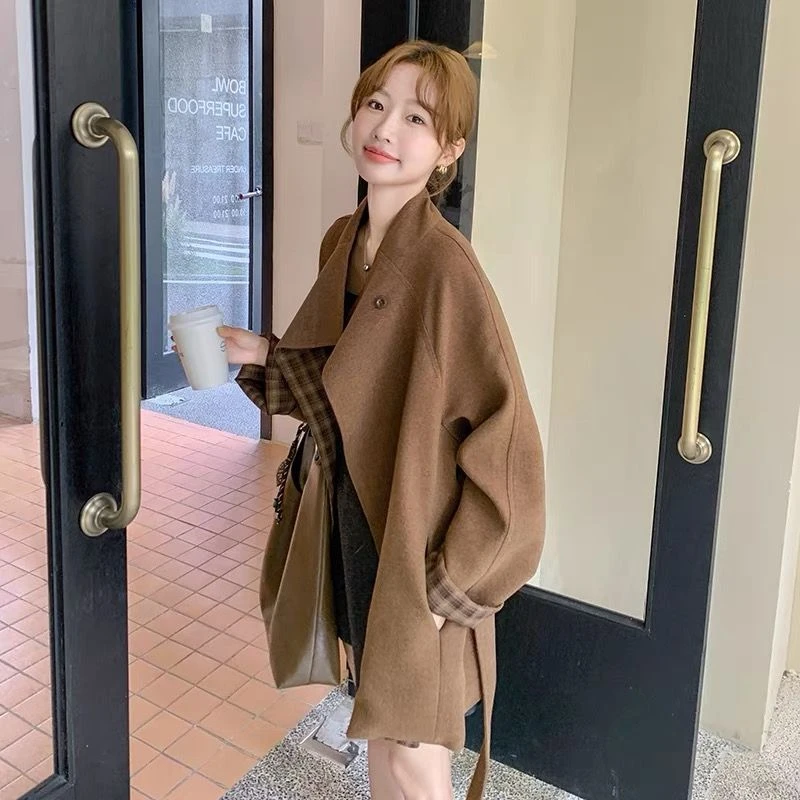 商场女装正品2025年秋冬新款棕毛呢立领风衣外套女装宽松中长款