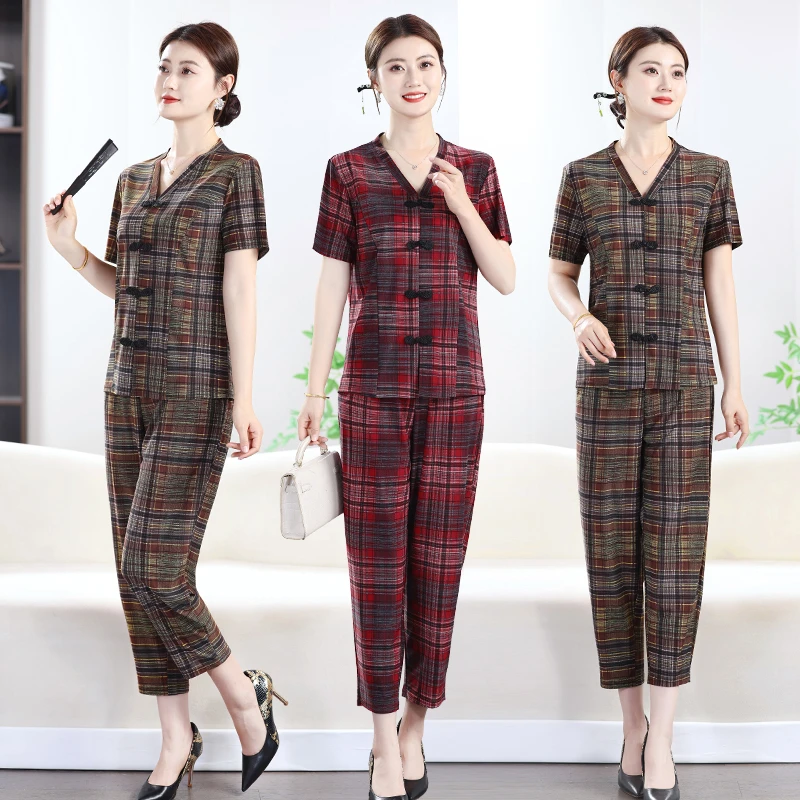 2025百搭上衣+裤子妈妈装短袖优雅时尚中国风女装休闲风时尚套装