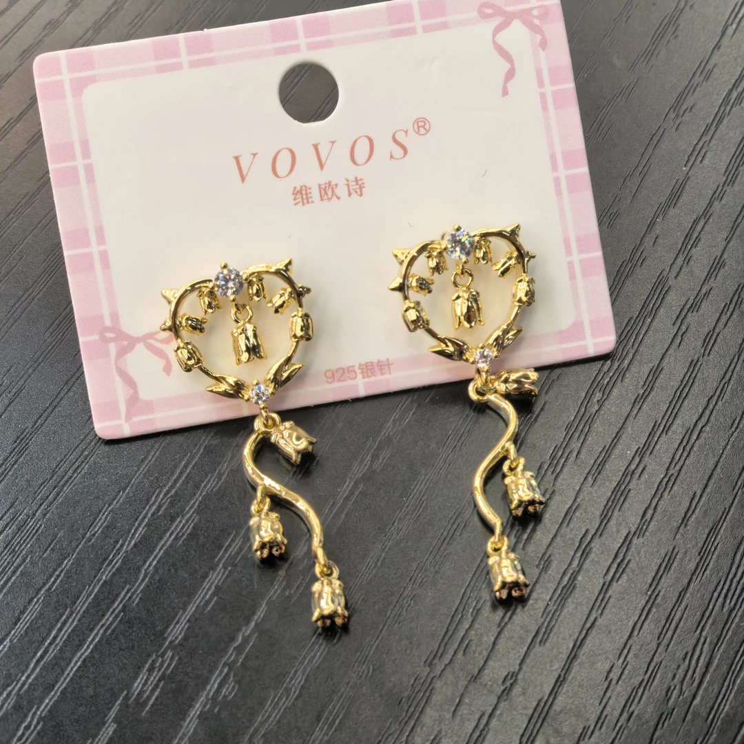 B371金色铃兰花流苏闪闪耳钉耳饰
