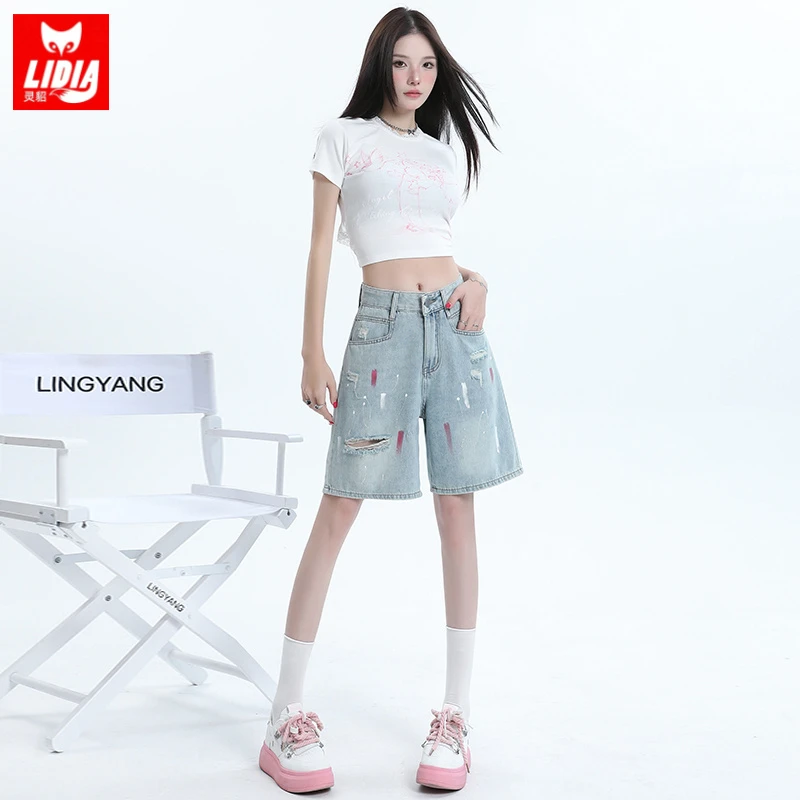 泼墨破洞牛仔短裤女夏季2025新款潮牌宽松ins风高腰百搭五分裤子