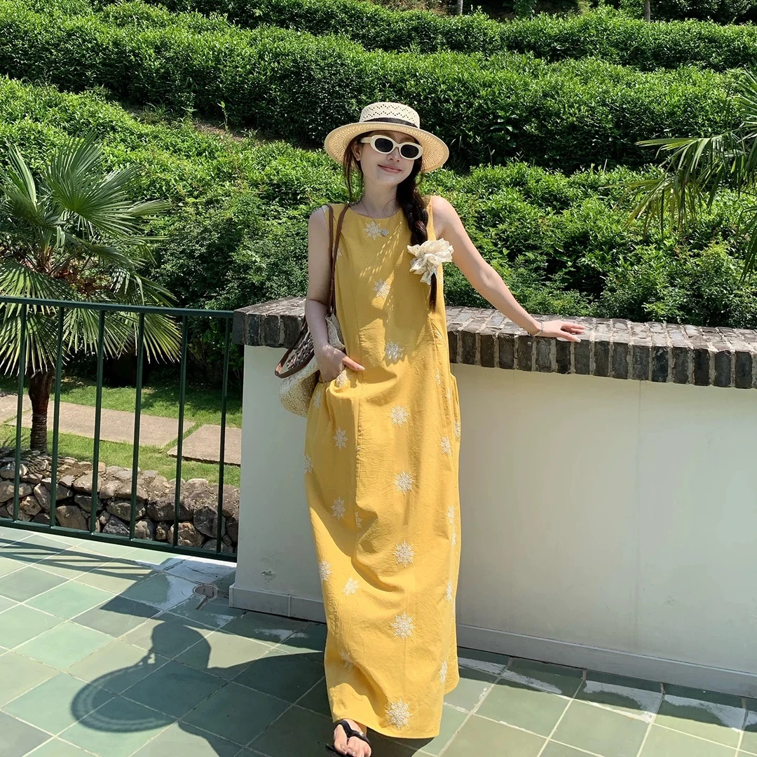 高腰扎花连衣裙东方洛可可辣妈无袖夏季套头老钱女装禅意仙气飘飘